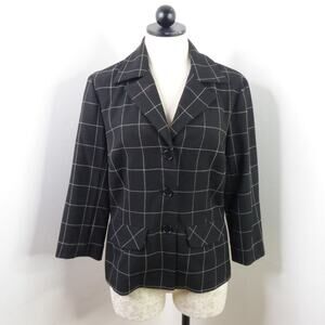 Trina Turk Women’s 10 Black Windowpane Plaid Fitted Button-Up Blazer